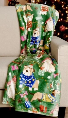 Envogue CHRISTMAS SWEATER DOGS Bulldog Dachshund Throw Blanket 60" x 70" NIP