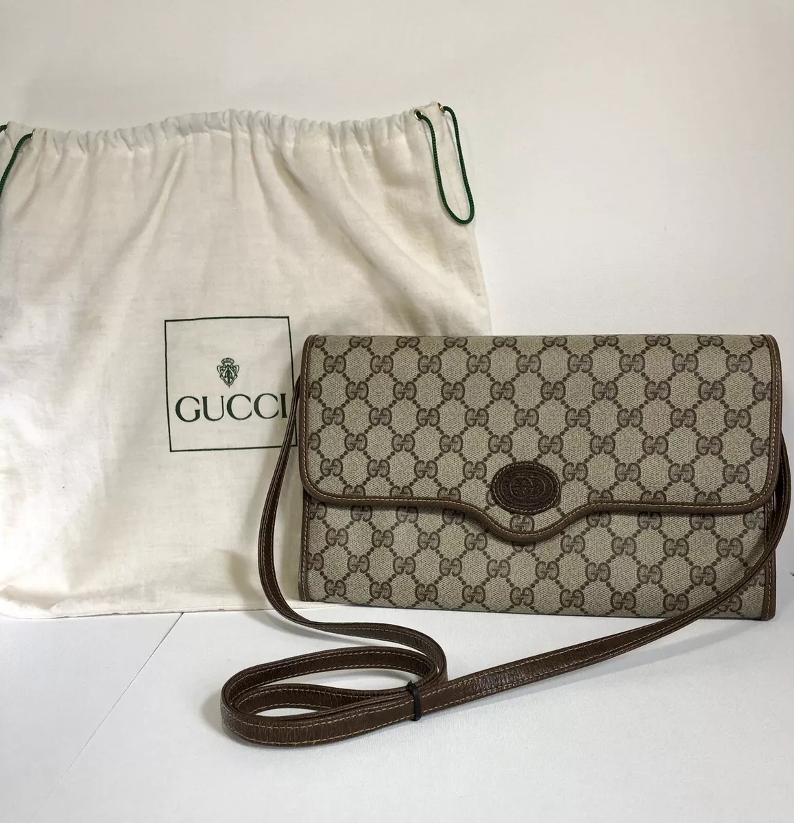 Vintage Gucci GG Supreme Monogram Canvas Leather Flap Clutch Shoulder Bag COA
