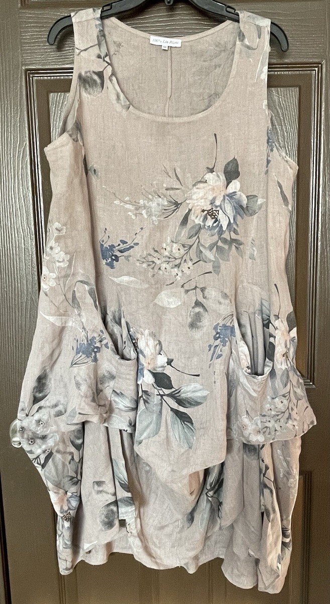 100% Lin Blanc Linen Dress Size 44 Beige Floral Sleeveless Lagenlook Italy