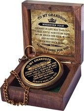 Brass Compass with Engraved Quote, Wooden Gift Box, Grandson's Path Finder