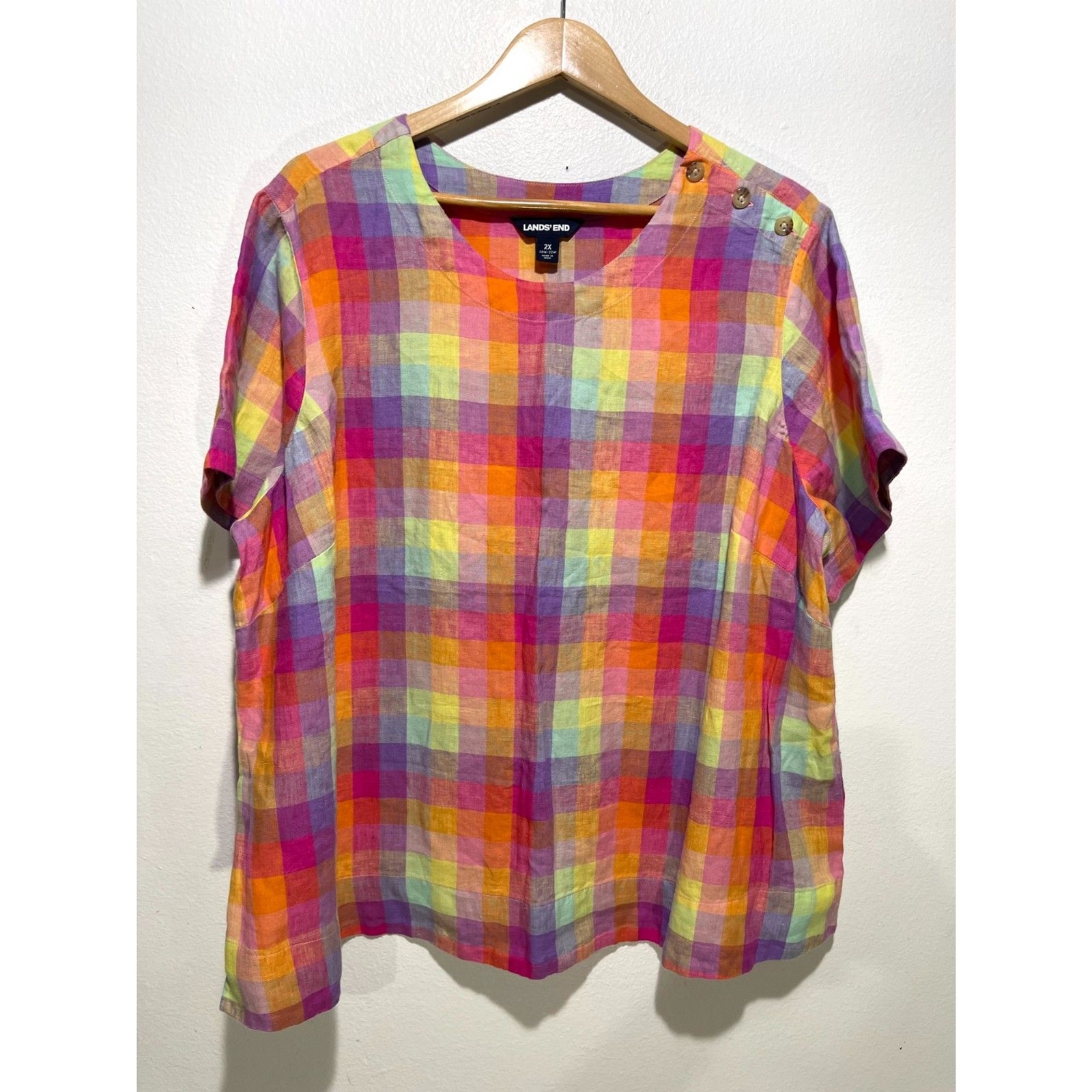 Lands End linen plaid blouse colorful summer resort top women 2X new