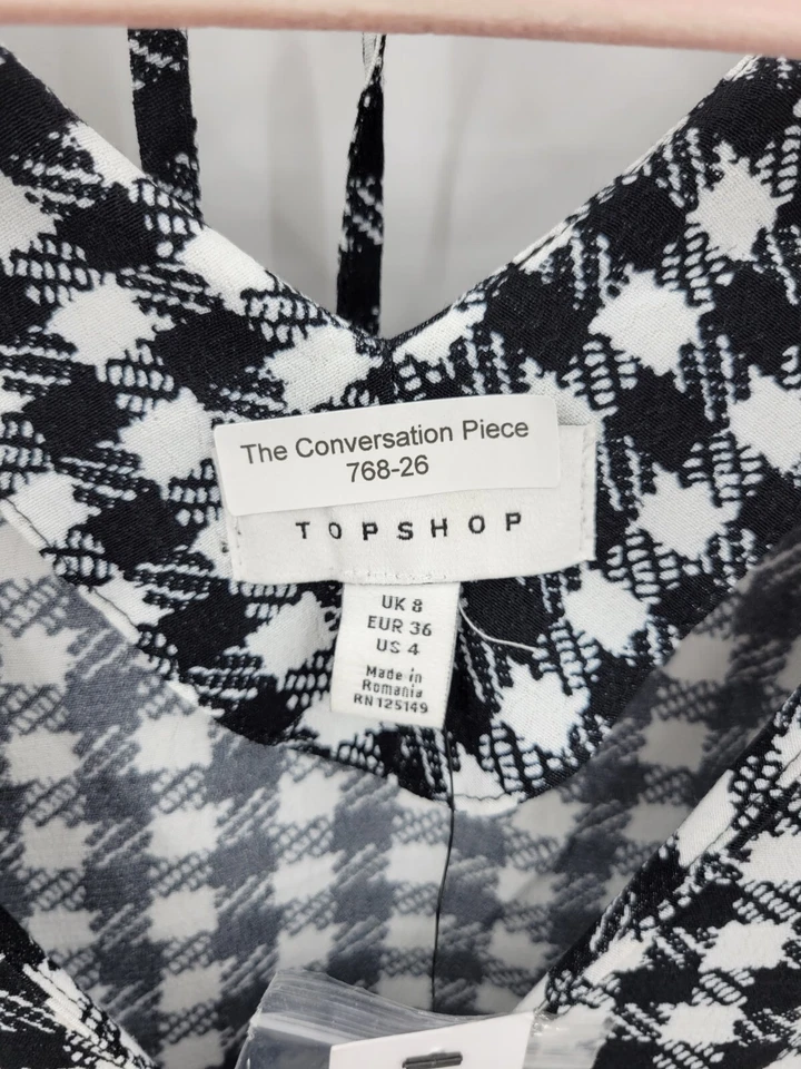 Blusa Topshop Mujer EE. UU. 4 Negra Blanca Pata de Gallo Lazo Atrás Manga 3/4 Boho Foto 3 de 4