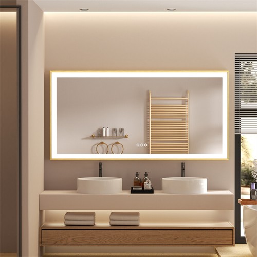 Large LED Bathroom Wall Mirror Gold Frame Demister Touch Control Anti-fog Mirror - Picture 20 of 22