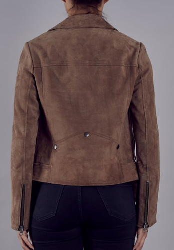Muubaa Womens Seaton Taupe 100% Goat Suede Belted Biker Jacket Size 10 - Picture 4 of 12