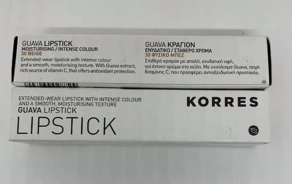 Lote de 2 lápices labiales de guayaba Korres beige desnudo #30 lápiz labial de uso extendido nuevo en caja Foto 4 de 4