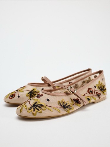 Zara FLORAL EMBROIDERED MESH BALLERINAS - Picture 3 of 10