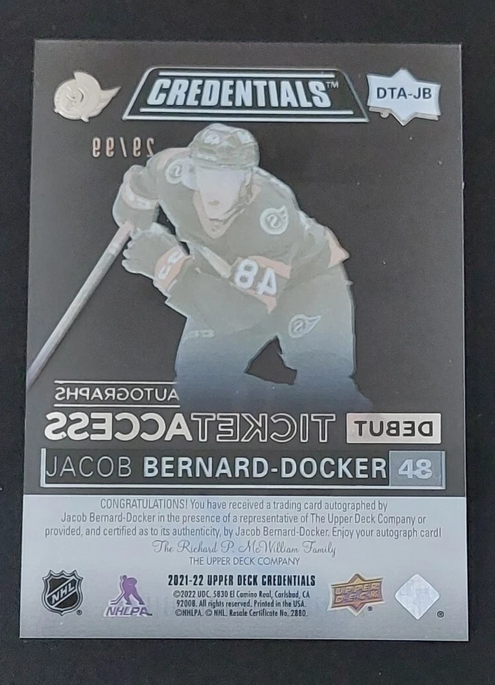 2021-22 UD Credentials Jacob Bernard-Docker Ticket Access Acetate Auto #DTA-JB  - Image 2 of 3