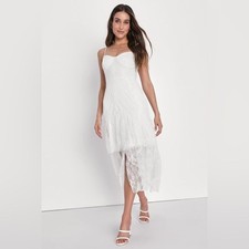 NEW Lulus Small Elaborate Love White Lace Bustier Tiered High-Low Midi Dress