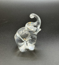 Clear Art Glass Elephant Figurine Studio Glass Marked Base Sculpture Trunk Up