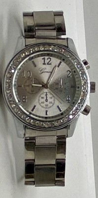 GENEVA LADIES WATCH New Battery Silver 6-1/2   Band Faux Chrono Deployant Clasp