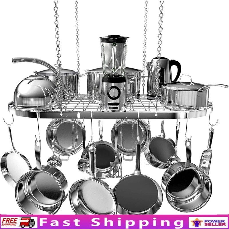 Pot & Pan Hanging Rack Kitchen Organizer Heavy Duty Ceiling Storage W/ Hooks New