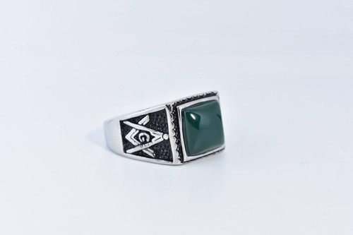 Vintage Gothic Silber Edelstahl echter grüner Onyx Freimaurer Herren Ring - Bild 4 von 5