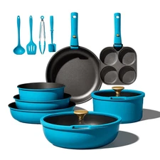 CAROTE 21pcs Pots and Pans Set, Nonstick Cookware Detachable Handle Peacock Blue