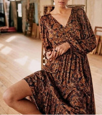 Sezane Womens Dress Size 36 Brown Ocher Evelyna Maxi Bohemian Paisley 4 Ikat