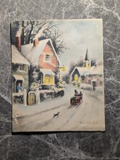 Christmas Card Vintage Winters Eve Snowy Village Sleigh Dog Church Holiday
