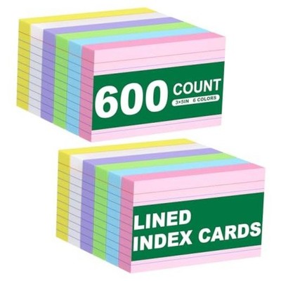 600 Count Colored Index Cards 3x5 in Ruled Flash Cards for Studying, 12 Pack