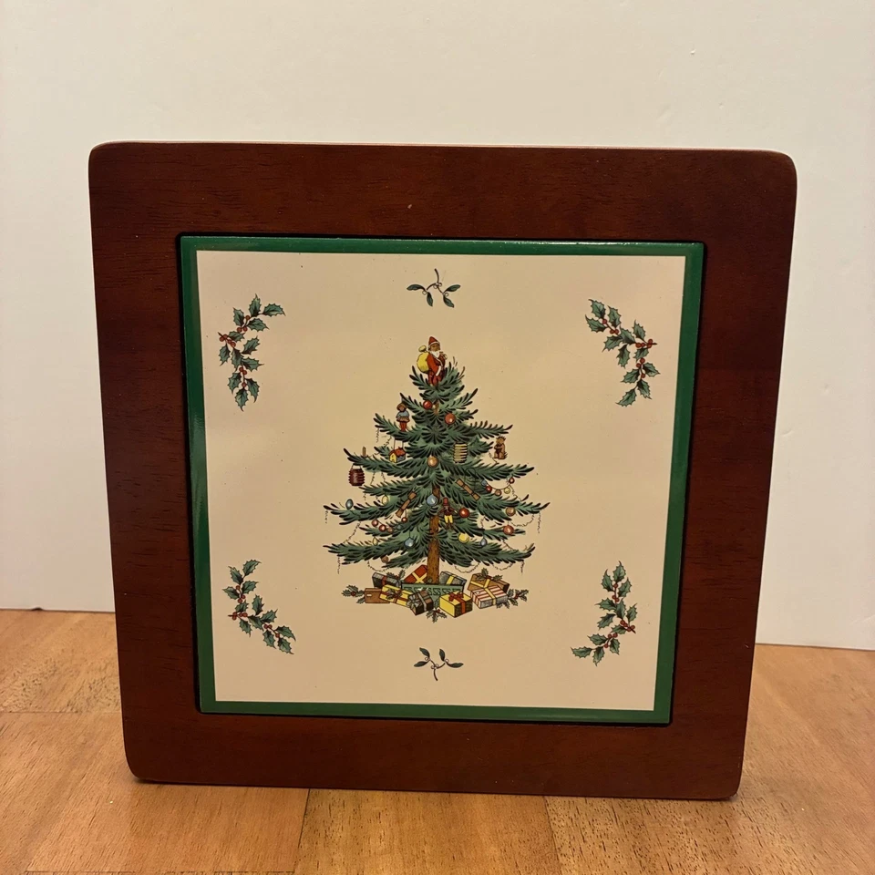 Spode Christmas Tree Wooden Trivet Square 8" In Box Vintage Holiday Decor Winter - Image 2 of 4
