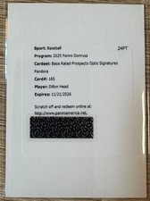 2025 PANINI DONRUSS BASEBALL DILLON HEAD OPTIC PANDORA AUTO REDEMPTION #165 /25!