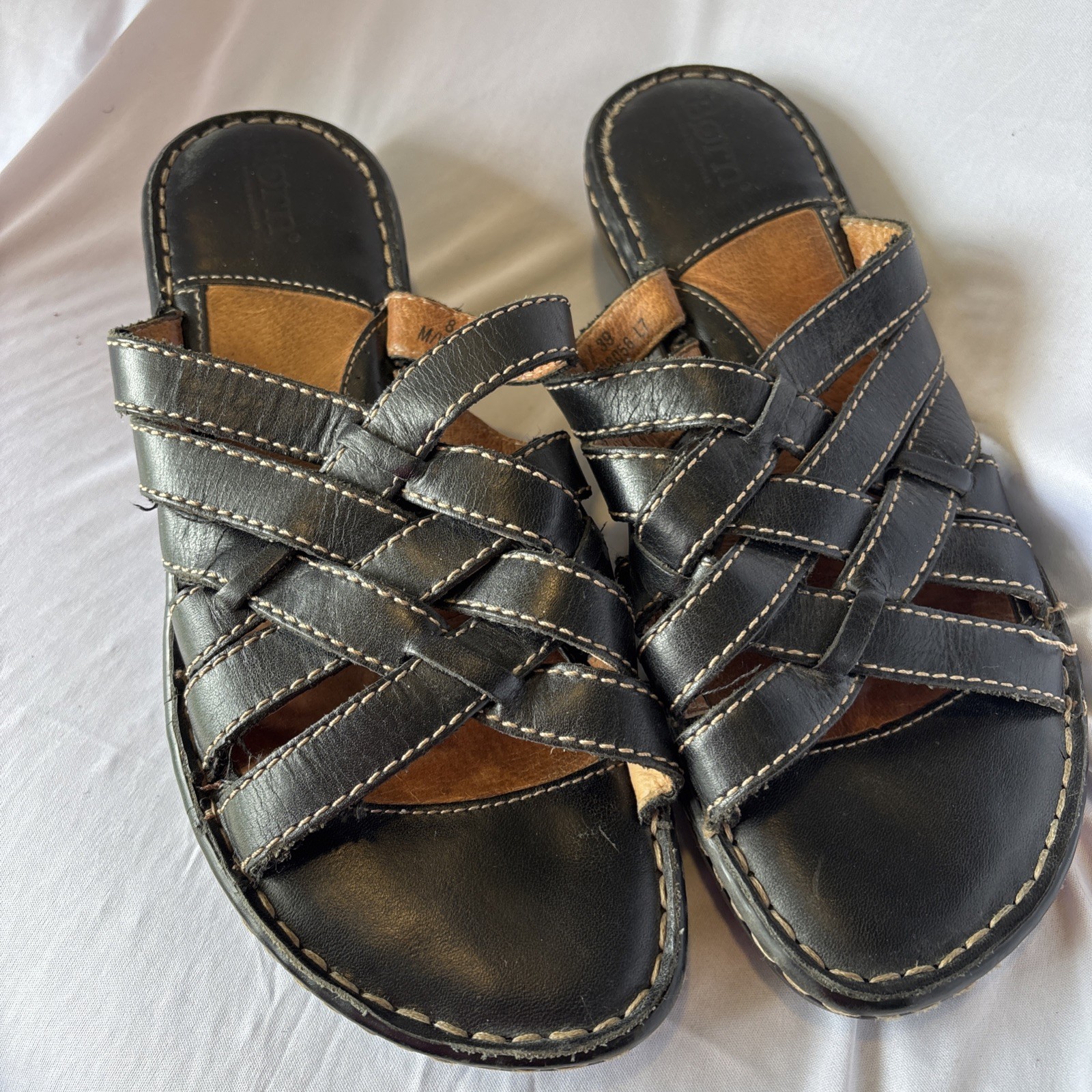 Born Women's Sandals Black Leather Slip On Open Toe Strap Size 8 M Platform