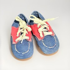 Late 1950s Vintage Baby Shoes Red Blue Denim Lace Up Soft Sole Infant 0-3 Mo