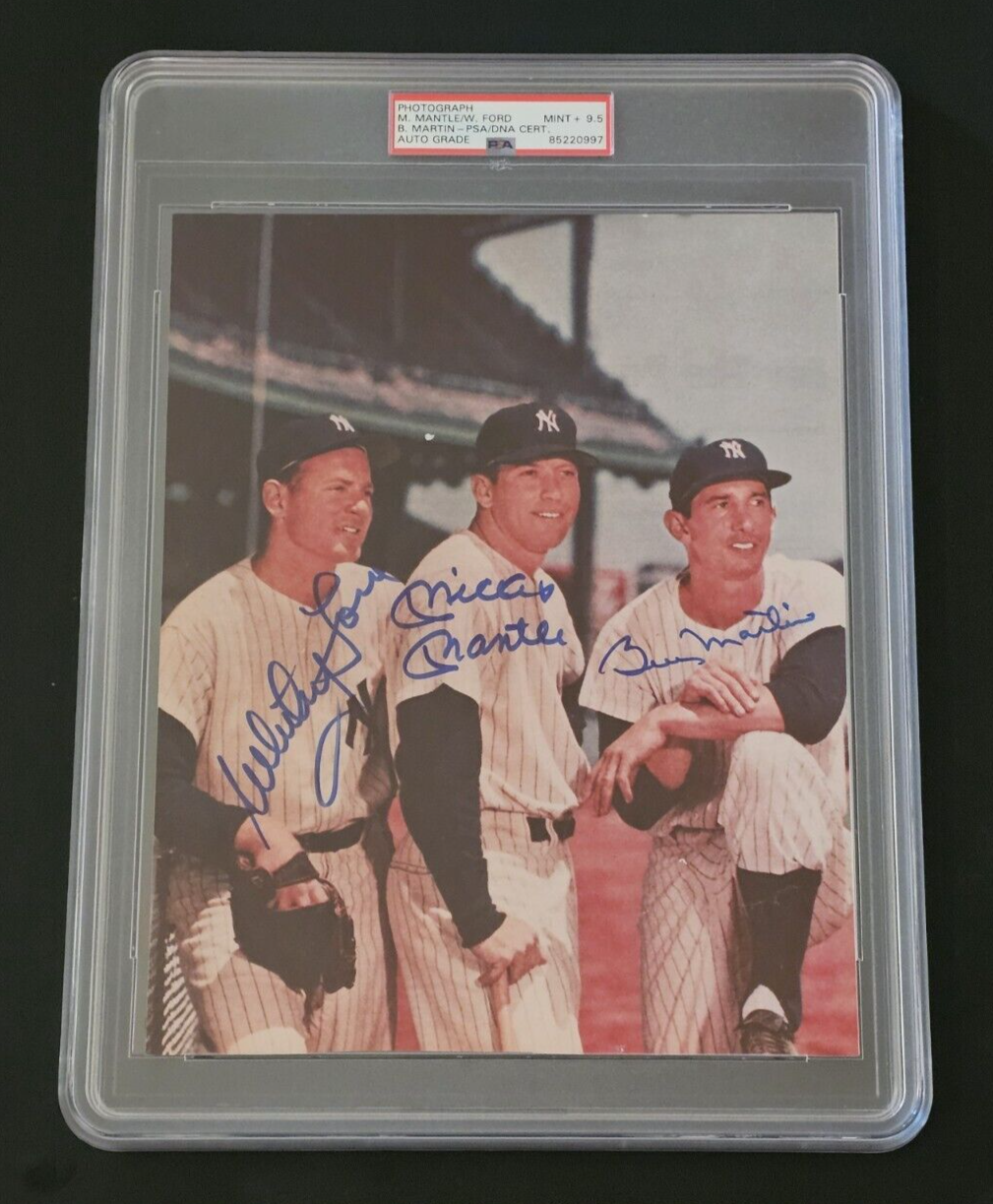 Mickey Mantle Autographed Signed -WHITEY FORD-BILLY MARTIN 8x10 Photo-YANKEES-PSA 9.5 Autos 
