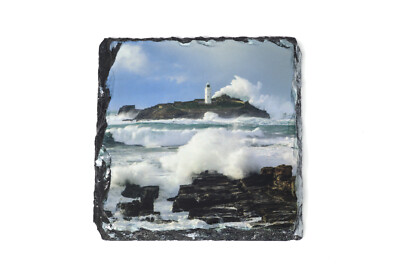 Godrevy Leuchtturm Schiefer Untersetzer Foto von Andrew Ray. sturmwellen Cornwall