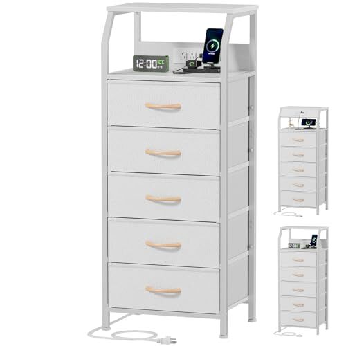 s Dresser with Charging Station, Tall Night Stand with Open 5 Drawer White