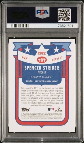 2022 Topps Spencer Strider Throwback Thursday Rookie Baseball Card #147 PSA 10 - Picture 2 of 3