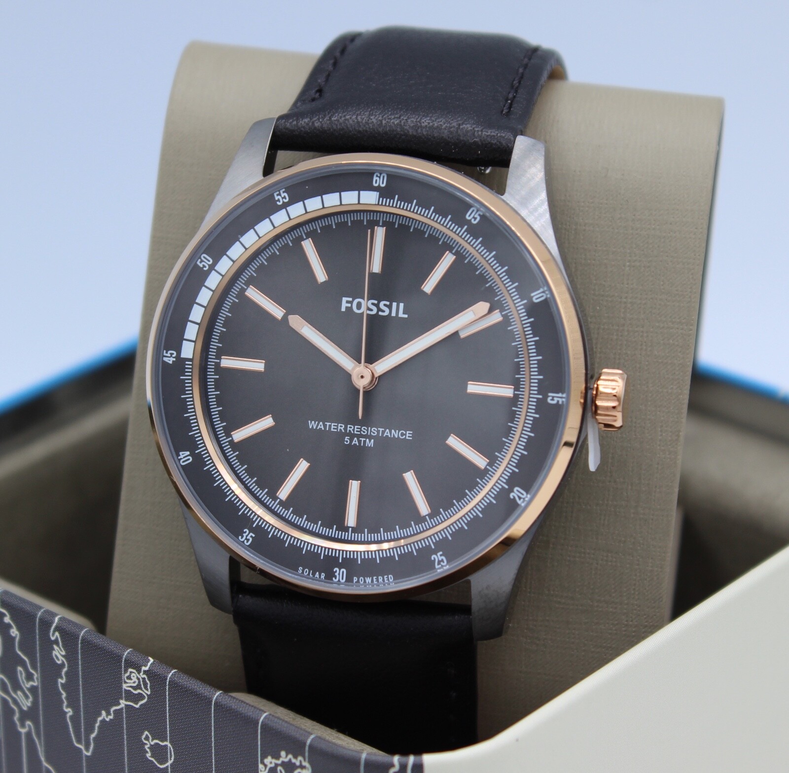 NEW AUTHENTIC FOSSIL SULLIVAN SOLAR SMOKE GRAY BLACK LEATHER BQ2664 MEN'S WATCH