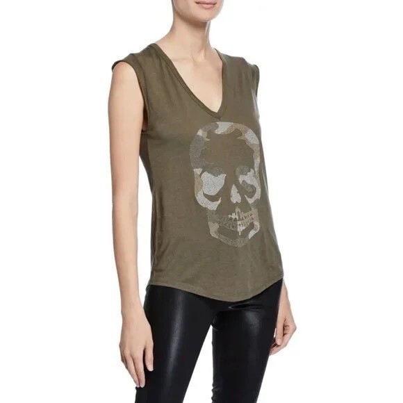 ZADIG & VOLTAIRE Brooklyn Strass Cotton Skull Tee Khaki