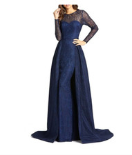 MAC DUGGAL LACE LONG SLEEVE ILLUSIONS CREW NECK NAVY BALL GOWN DRESS 4