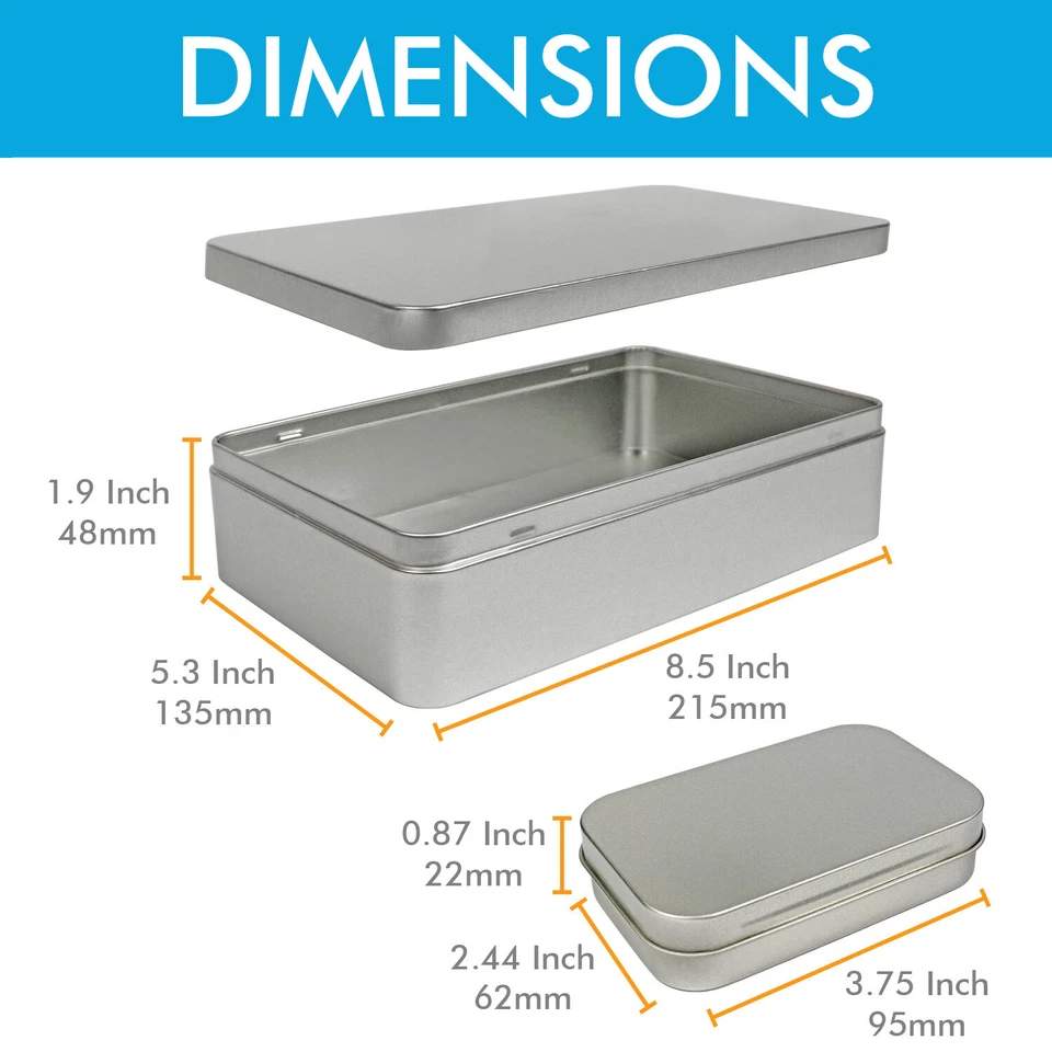 Large Silver Metal Rectangular Empty Tin Box Containers Storage Organization - Image 3 of 4