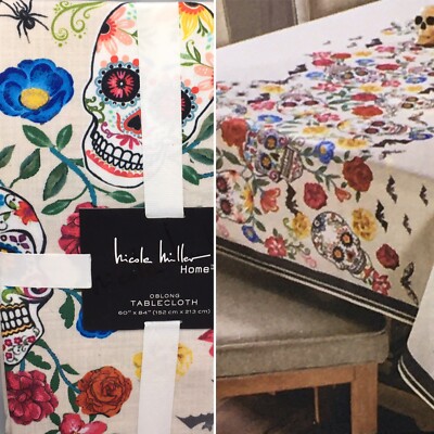 Nicole Miller Halloween Sugar Skull Floral Tablecloth 60x84 Bat Spiders Designer