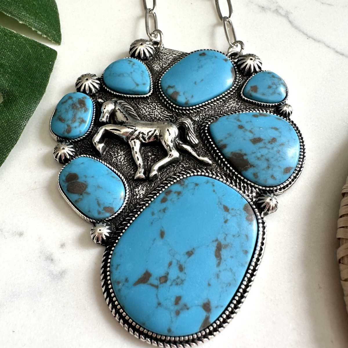 Turquoise Stone Horse Necklace Silver Southwestern Boho