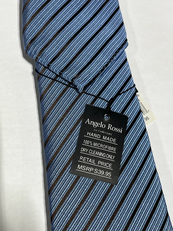Corbata azul Angelo Rossi para hombre con rayas negras y cuadrado de bolsillo a juego NUEVA Foto 2 de 3
