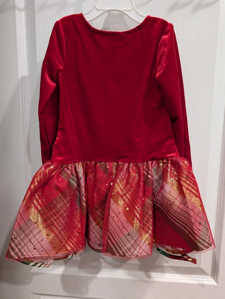 Bonnie Jean Girls Christmas Holiday Santa Plaid Gold Bow Multi Red Velvet Dress - Image 3 of 4