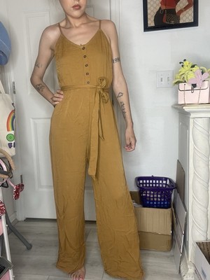 Forever 21 Brown Sleeveless Button Front Tie Waist Wide-Leg Jumpsuit Size S