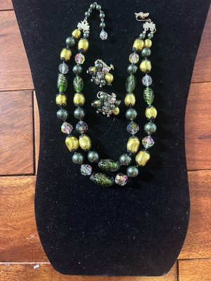 Rare Vintage  Vendome Necklace Set Double AB Crystals W Beads, Glass Green Gold