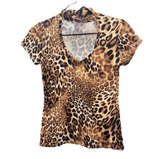 Rinc Leopard Print Collared Mock Neck Top Draped V-Cut Front Short Sleeve