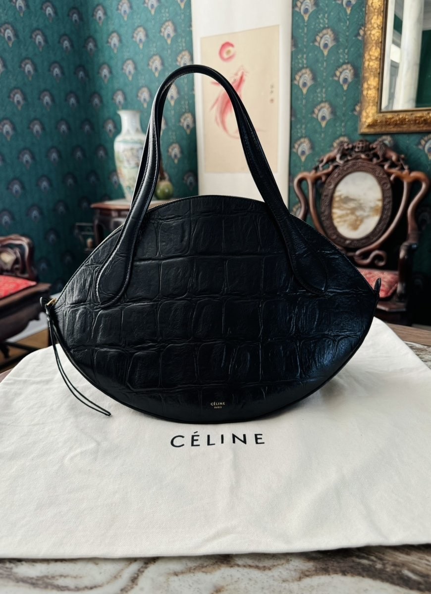 Authentic Celine $4100 Black Curved Phoebe Philo Moon Smile Croc Luggage Bag