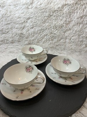 Set of 3 Rosebud by Harmony House Fine China Cups & Saucers, Vintage