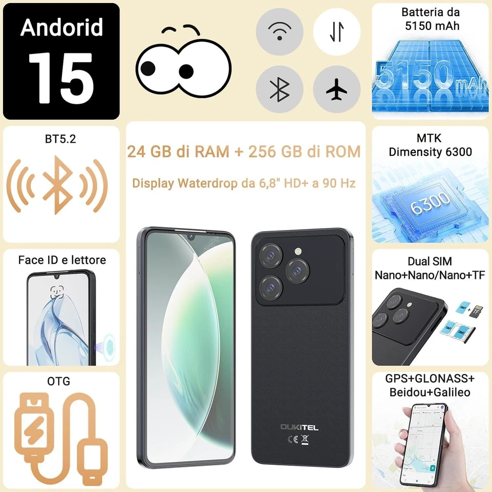 OUKITEL C6 Smartphone, 24GB+256GB/1TB Telefono Cellulare, 6.8" 90HZ Schermo Wate - Immagine 2 di 4