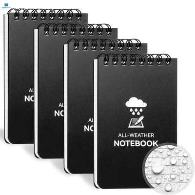 COIDEA Waterproof Notebook, 4 Pack Top-Spiral Pocket Notepad, 3 x 5'', Black 