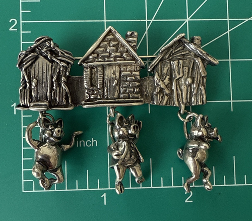 RARE 1992 Marty Magic Three Little Pigs BROOCH 3 Dangle Charm Sterling Silver - Picture 8 of 8
