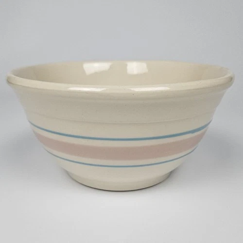 McCoy Pottery #8 Mixing Bowl Pink & Blue Stripes Banded Made by USA 8" Across