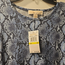 Michael Kors Blue Snake Print Chambray Midi A-Line Dress Short Sleeve M