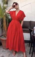 ZARA WOMAN V-NECK ZW COLLECTION MIDI DARTED DRESS RED Size S Ref 2965/395