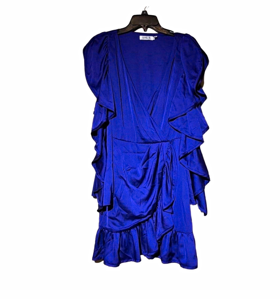 AMUR Purple Satin Wrap Ruffle Dress 8 V-Neck Long Puff Sleeve Lined