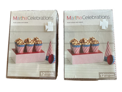 2 NEW SETS MARTHA STEWART CELEBRATIONS PATRIOTIC RWB PARTY 12 FOOD CONES & TRAY