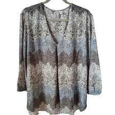 Cato Women's Top Blouse 22/24W Gray Blue Paisley Workwear Plus Size Lightweight
